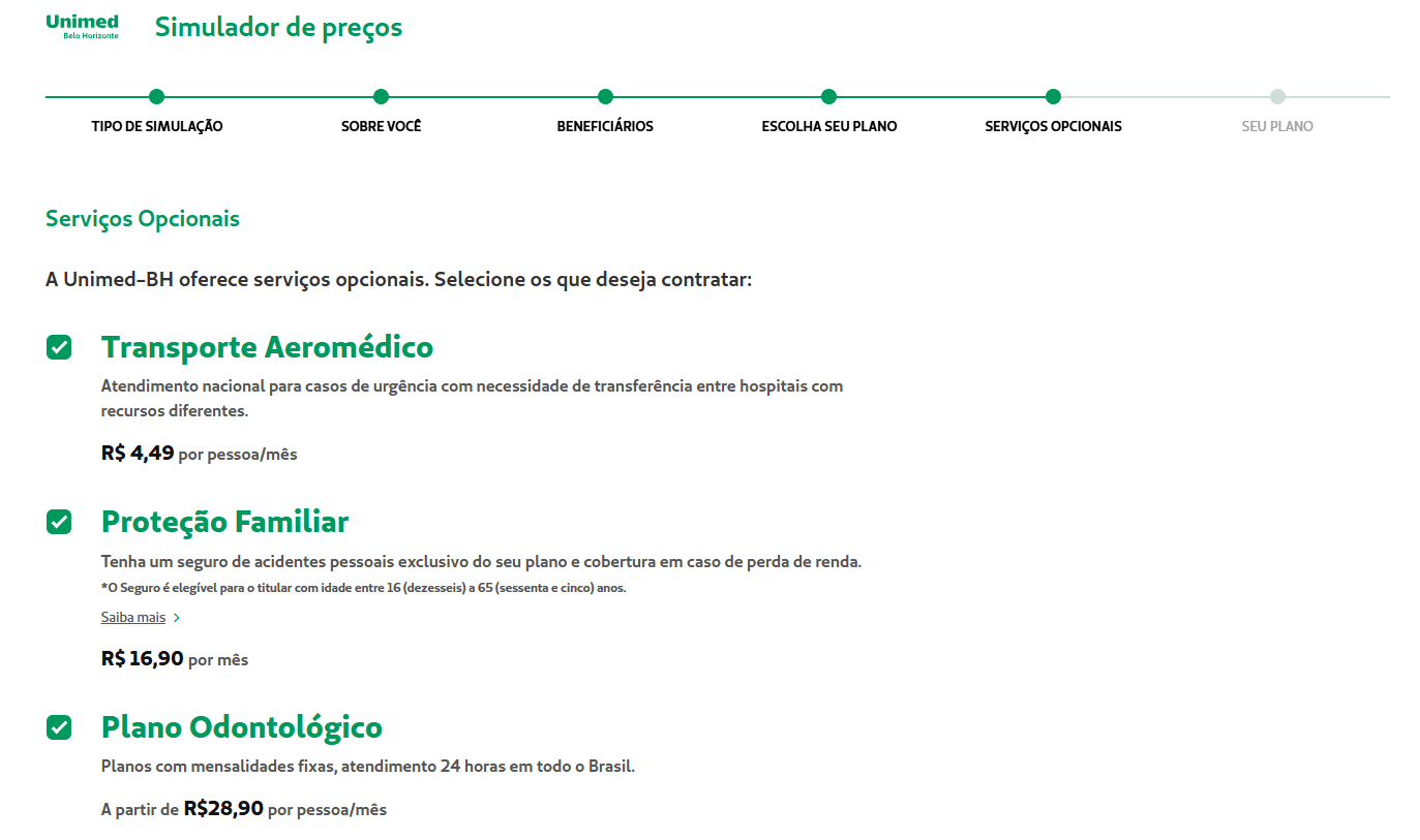 Simulador de plano de saúde Unimed BH 