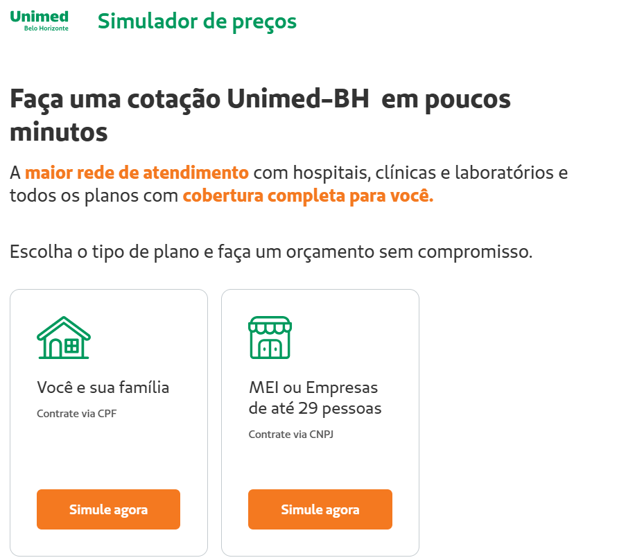 Simulador de plano de saúde Unimed BH 