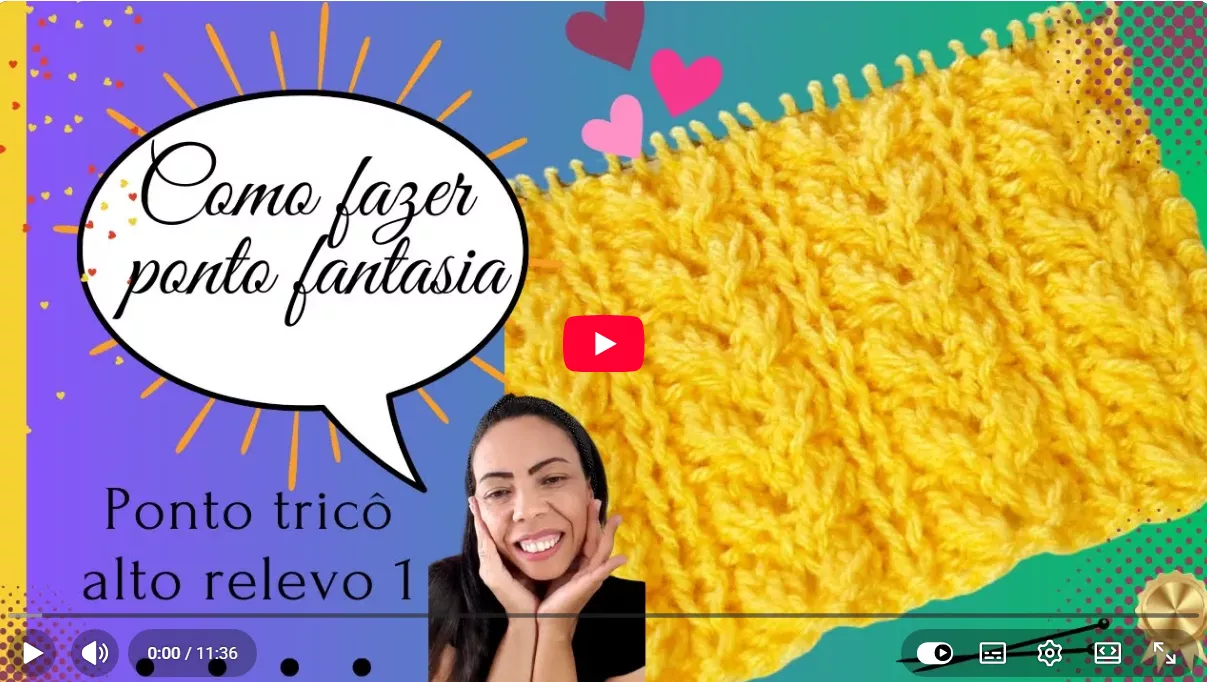thumb de vídeo do youtbe com um balão de fala escrtio como fazer ponto fantasia e um fundo com peça de tricot em amarelo mostrando os pontos de trico