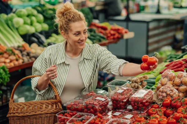 Mulher fazendo compras de legumes da estação 